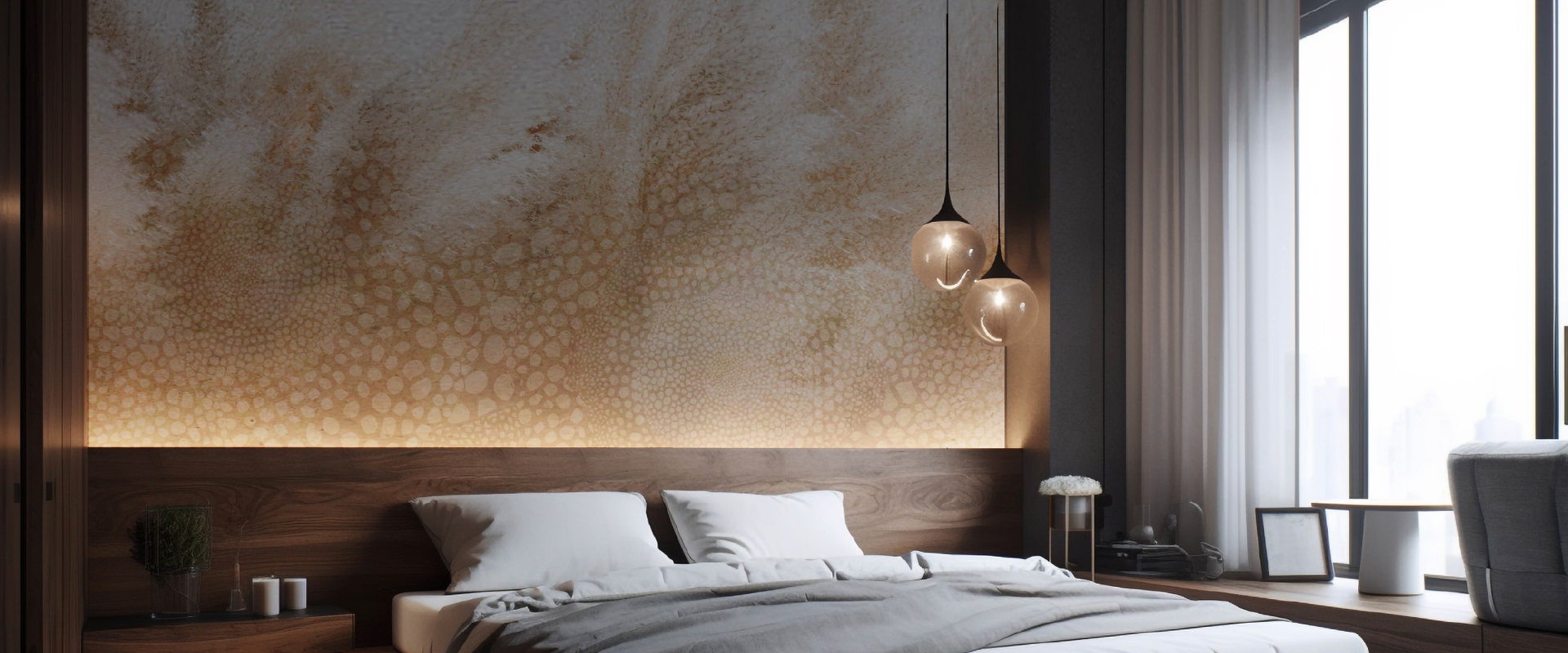 Camera da letto in legno scuro con murale astratto Borbonia in tonalità oro e bianco